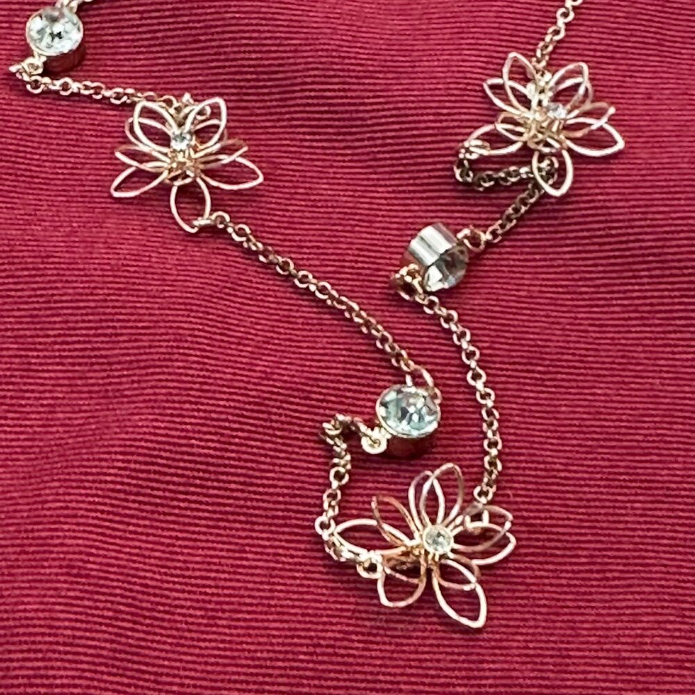 C1946 Long Gold-Tone Flower & Clear Crystal Station Necklace - Picture 2 of 15